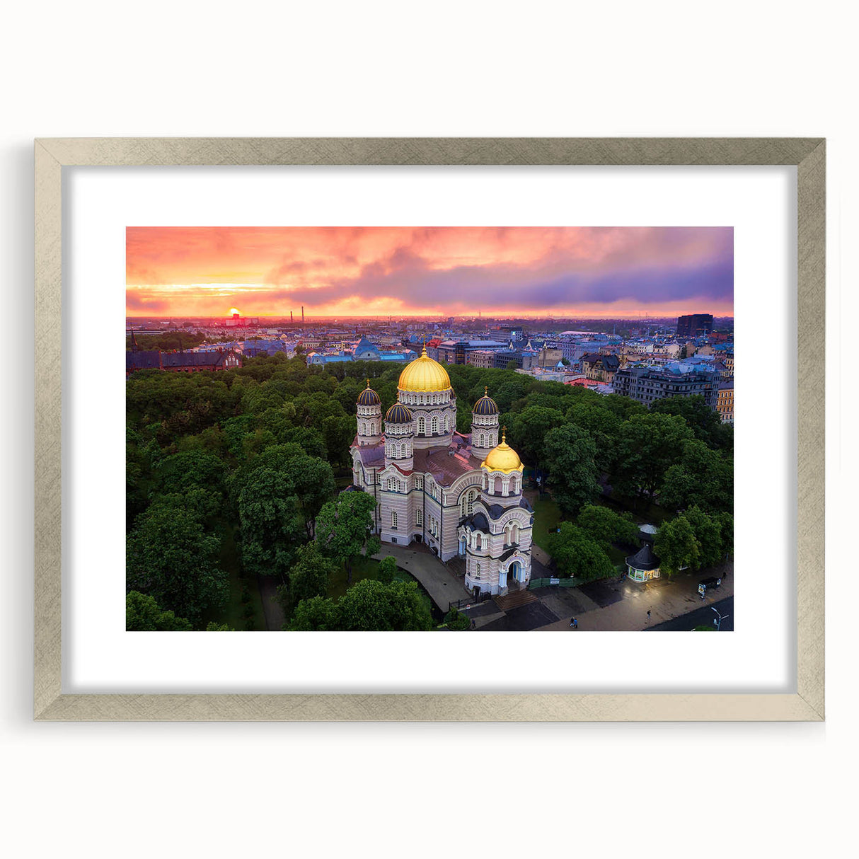 Extra large abstract art print of a European landscape in textured silver frame, ideal for living room decor.