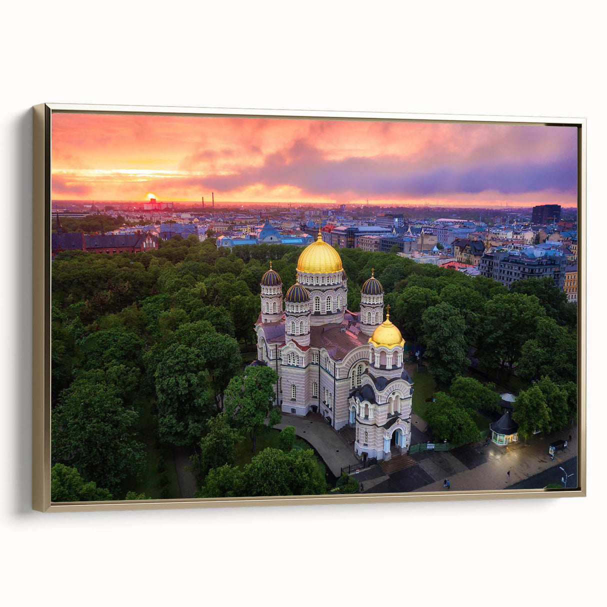 Framed canvas featuring a vintage-style landscape painting of a Latvian scenery, with muted earth tones.