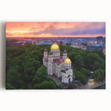 Black and white photograph of a European cityscape on stretched canvas, ideal for kitchen wall art.