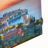 Large abstract wall art of a Montenegro scenery in muted earth tones on acrylic glass, suitable for dining room ambiance.