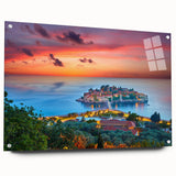 Acrylic print of a European Montenegro landscape, featuring vivid blue and green tones, suitable for dining room decor.