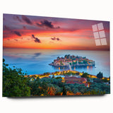 Large abstract wall art of a Montenegro landscape in blue and green hues on acrylic glass.