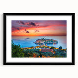 Colorful abstract art print of a Montenegro scenery, in a black frame with mat, ideal for living room decor.