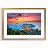 Abstract art print of a European scenery in Montenegro with vibrant colors, framed in gold, suitable for dining room decor.
