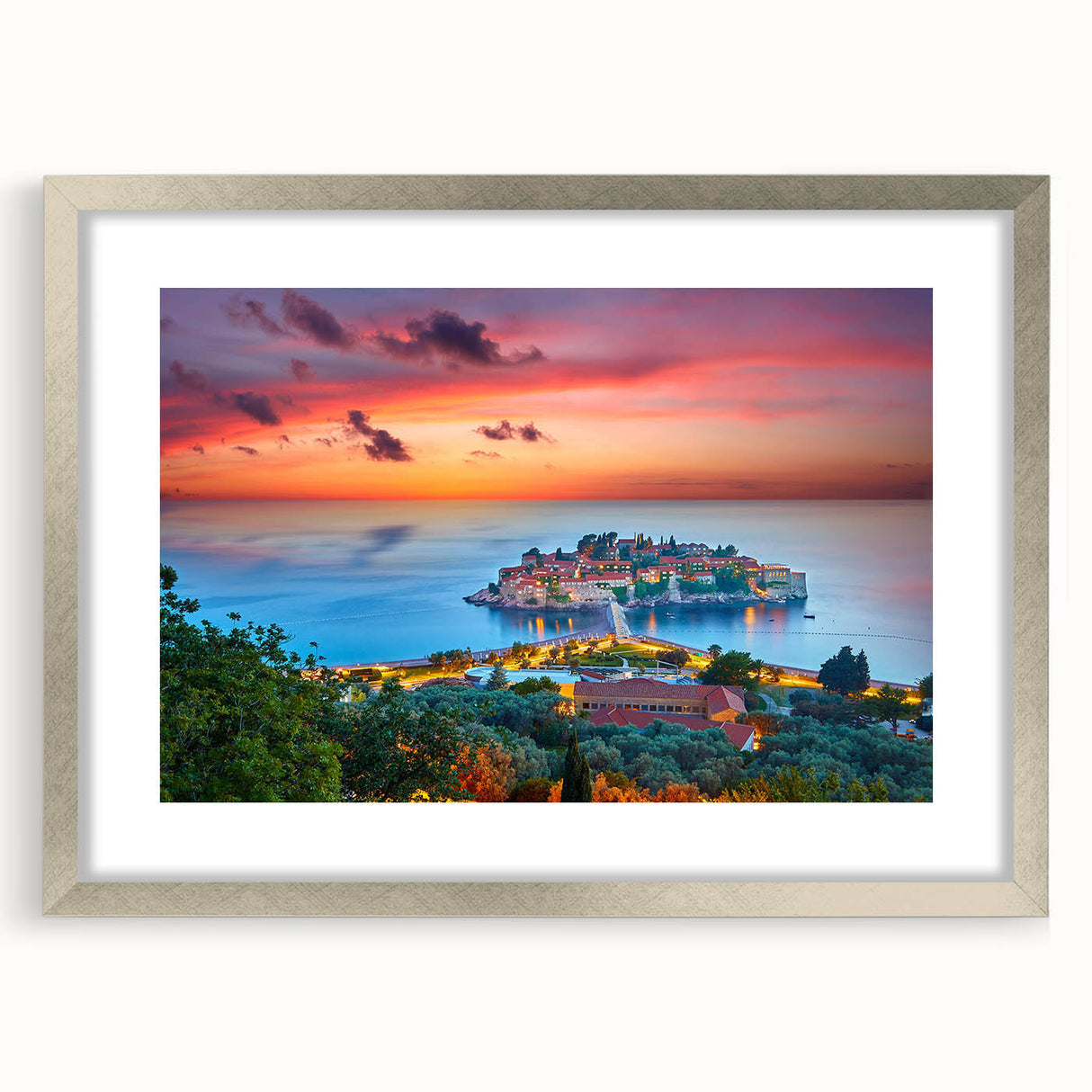 Extra large abstract art print featuring textured scenery of Montenegro in muted earth tones, framed in silver.
