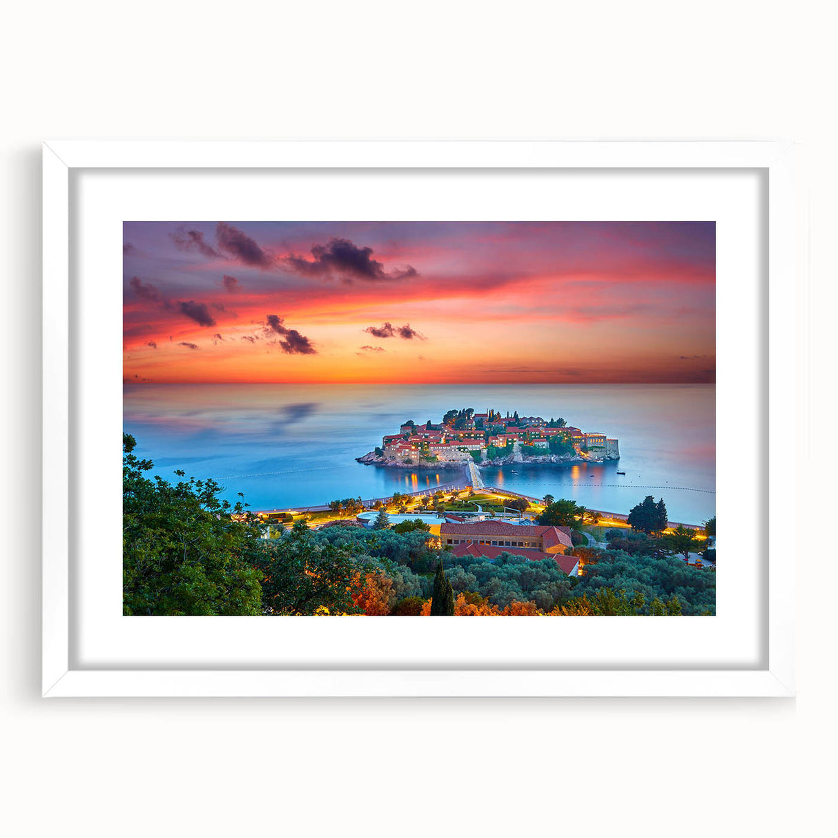 Textured abstract art print of a European Montenegro scenery in muted earth tones, framed with a white mat.