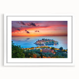 Textured abstract art print of a European Montenegro scenery in muted earth tones, framed with a white mat.