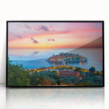 Large abstract wall art featuring a Montenegro landscape in muted earth tones on a framed acrylic.