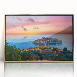 Art deco poster of Montenegro scenery in gold acrylic frame, displaying coastal views in muted earth tones.