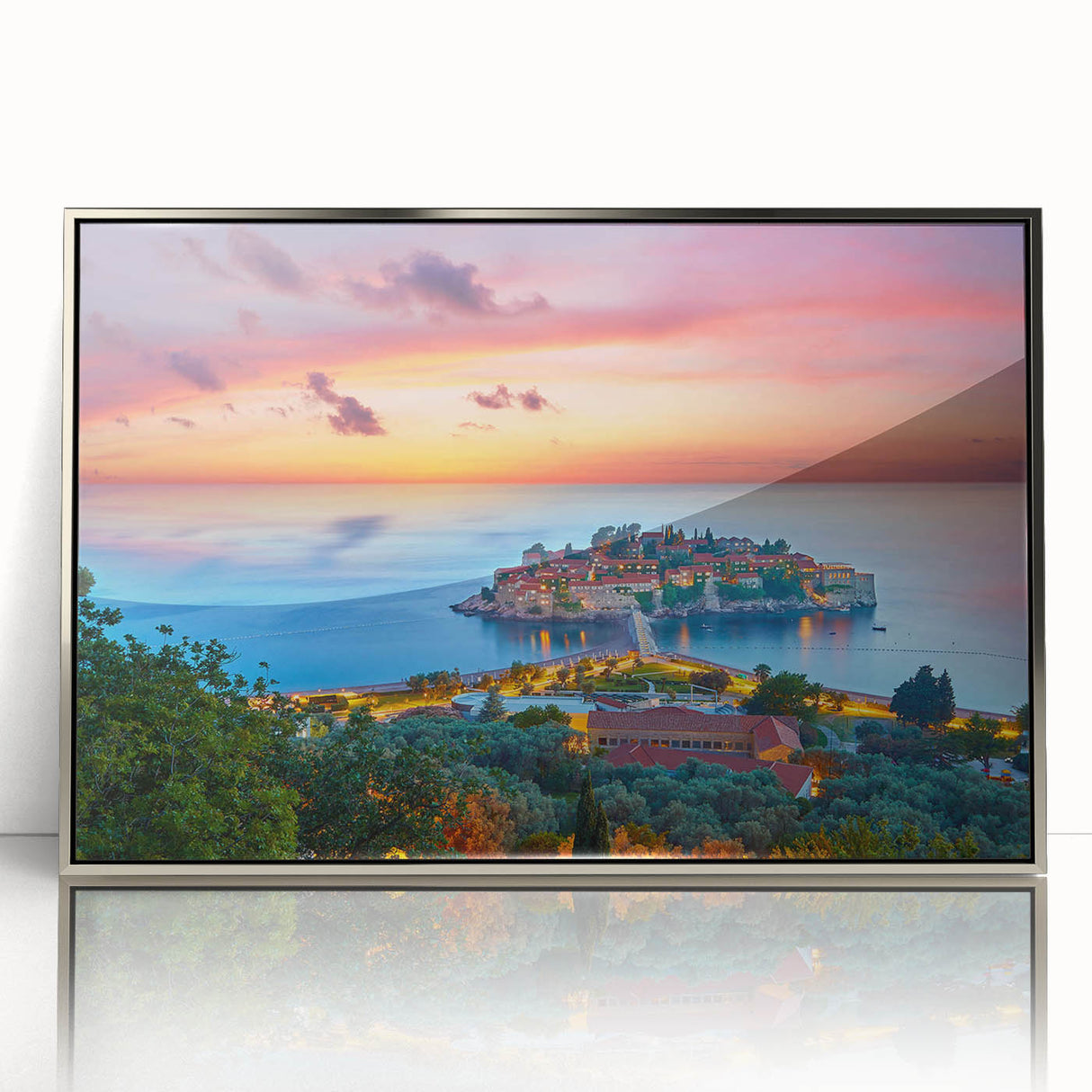 Mid-century modernist style large art print of a Montenegro scenery in muted earth tones on framed acrylic.