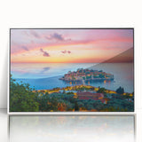 Mid-century modernist art depicting a European Montenegro landscape in muted earth tones, framed acrylic.