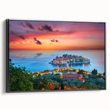 Black and white framed canvas of a Montenegro landscape, ideal for bedroom wall art.