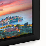 Black wall art depicting a Montenegro scenery in vibrant colors on a textured, extra large framed canvas.
