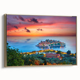 Framed canvas depicting a vintage-style landscape of Montenegro in muted gold and black tones, ideal for bedroom wall art.