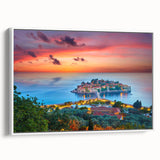 Vintage poster art of Montenegro scenery in vibrant colors on a large framed canvas, ideal for living room decor.