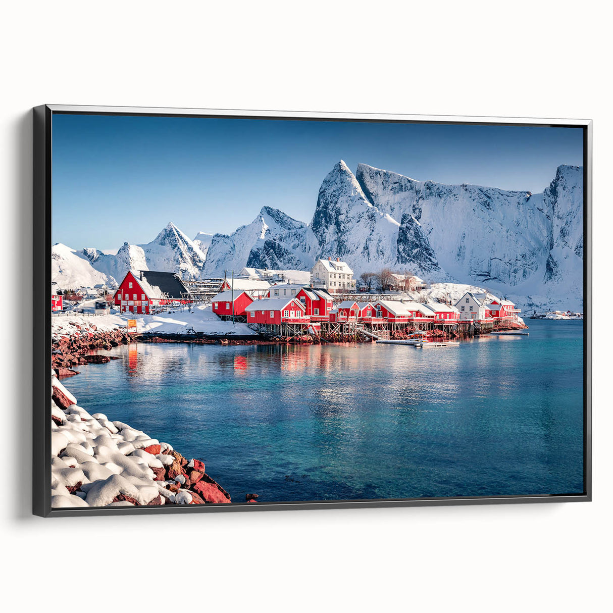 Black and white framed canvas featuring a vintage-style Norwegian landscape, ideal for bedroom wall decor.