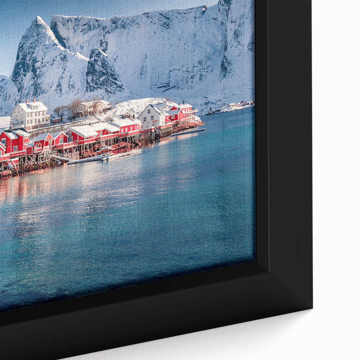 Extra large framed canvas featuring a textured black wall art of a Norwegian landscape with colorful accents.