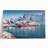 Black and white photograph of a scenic Norwegian landscape on large stretched canvas, ideal for kitchen wall art.