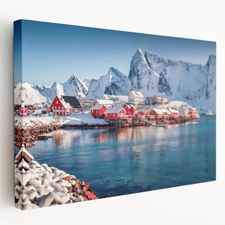 Scenic Norway landscape on stretched canvas, featuring muted blue and green tones, ideal for kitchen wall art.