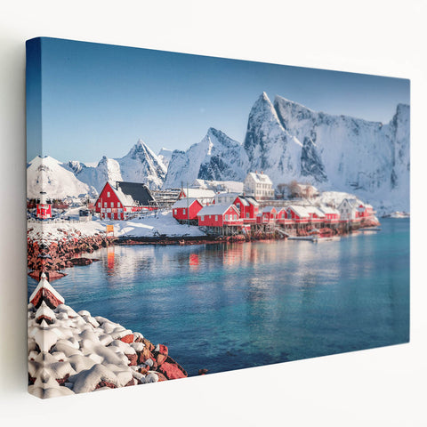 Scenic Norway landscape on stretched canvas, featuring muted blue and green tones, ideal for kitchen wall art.