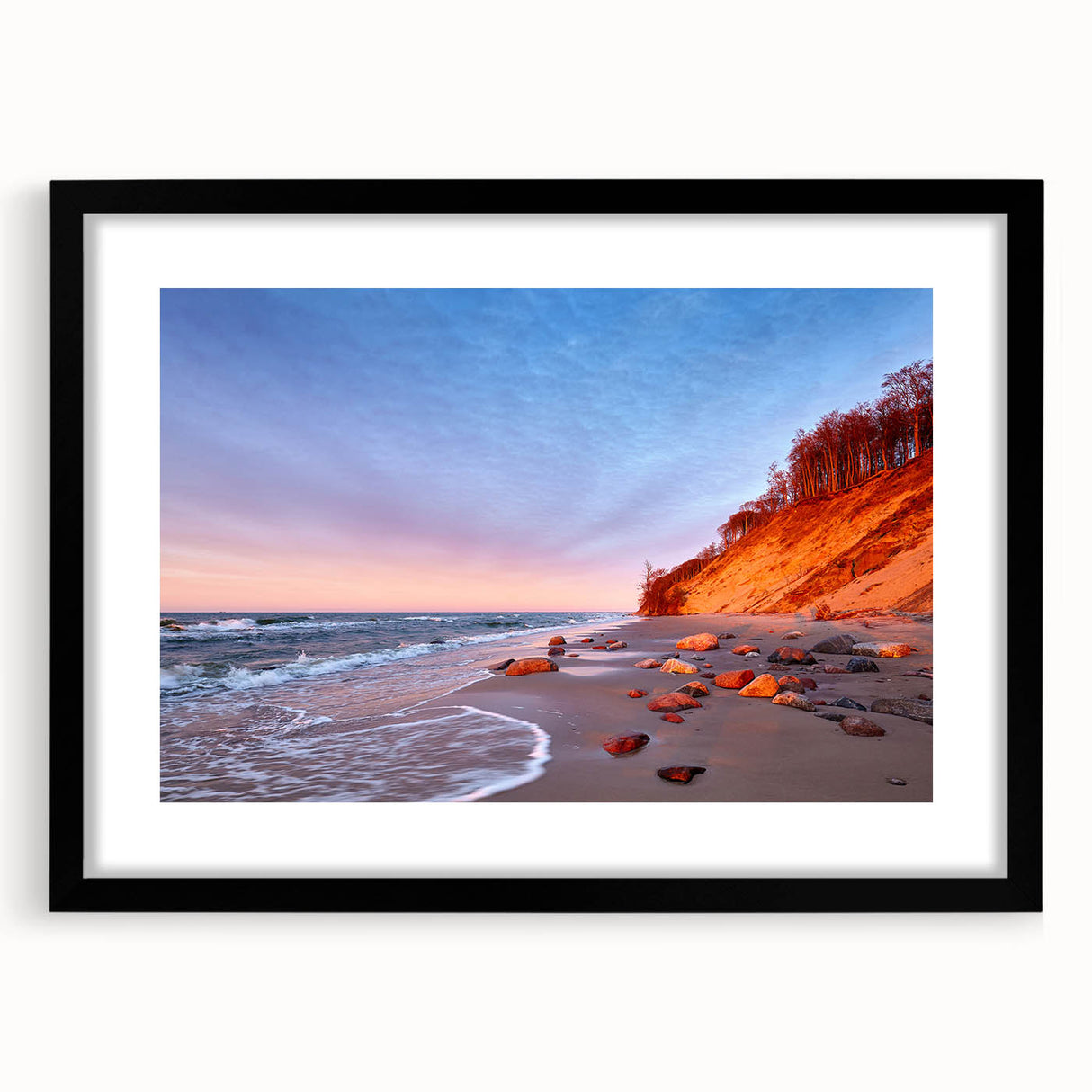 Extra large abstract art print featuring a colorful, textured depiction of a European scenery on a framed black mat.