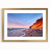 Abstract art print of a European scenery in muted earth tones, framed in gold, suitable for bedroom or dining room decor.