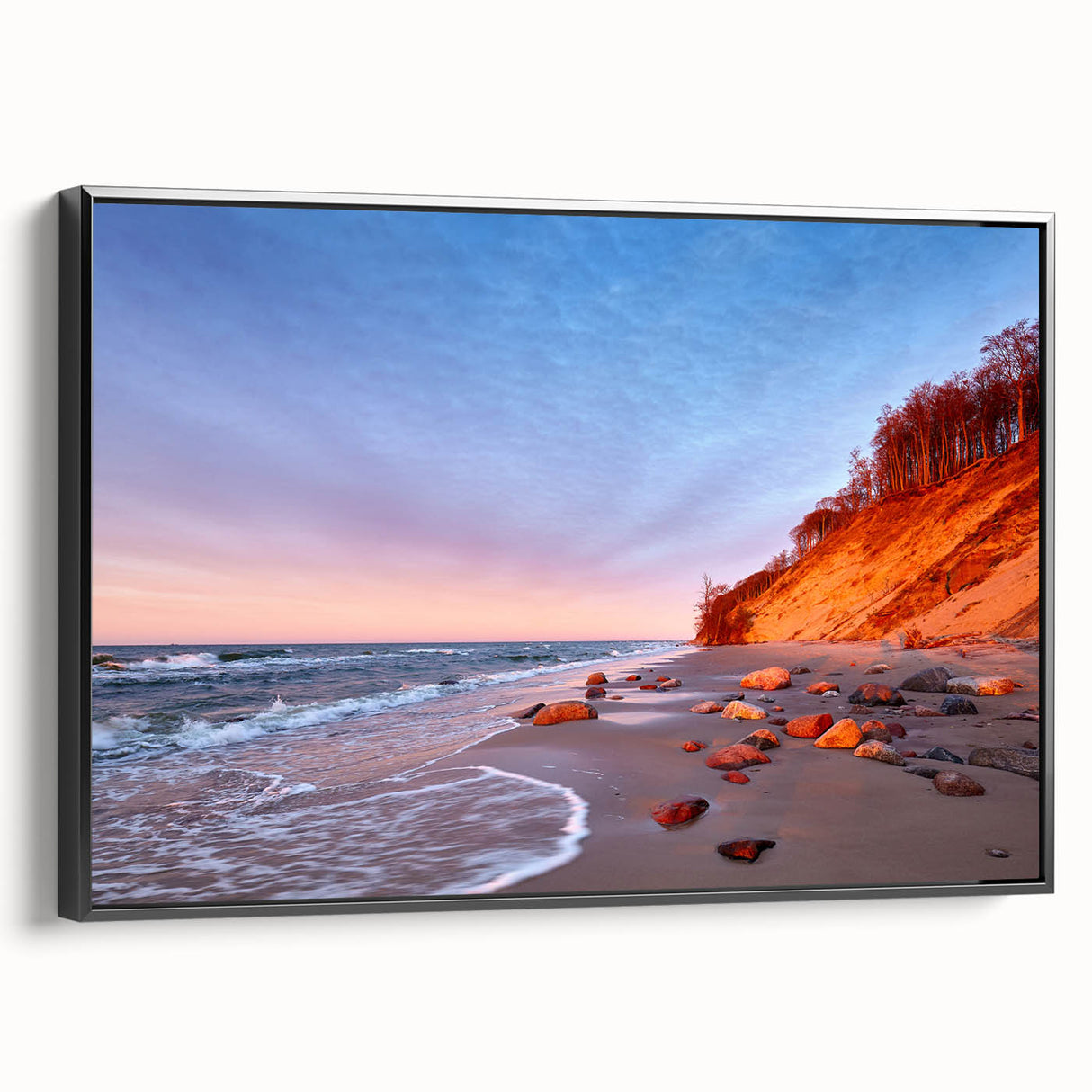 Black and white vintage poster art of a European landscape on framed canvas, ideal for bedroom decor.