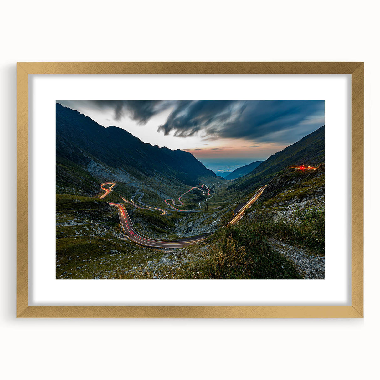 Abstract art print of a European scenery in Romania, featuring muted earth tones on a framed canvas.