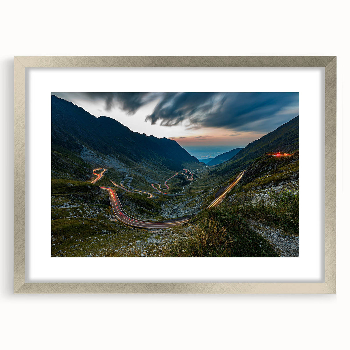Extra large abstract art print of a European scenery in Romania, with textured details on a silver-framed mat.