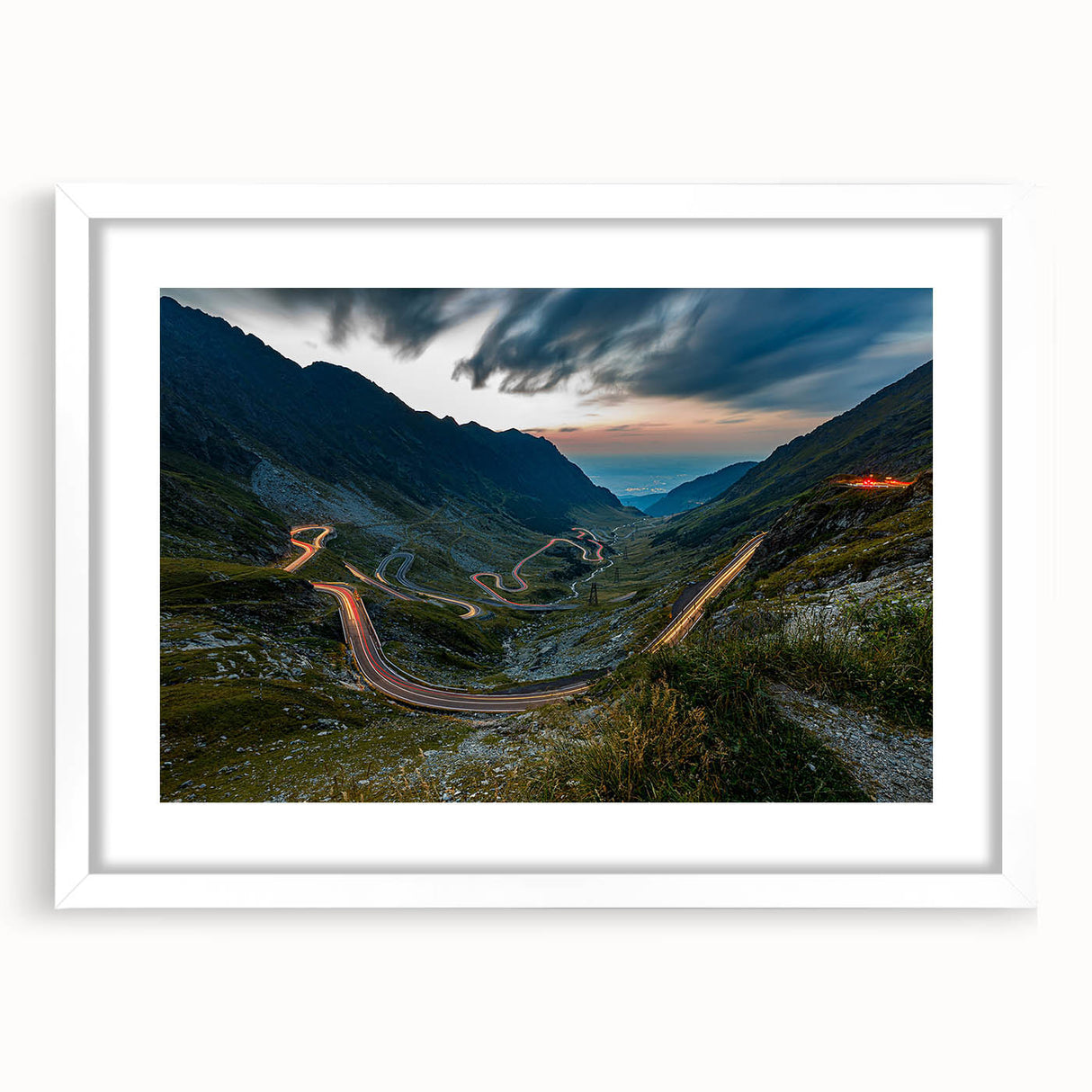 Textured abstract art print of a Romanian landscape in muted earth tones on a framed white mat, ideal for bedroom art.