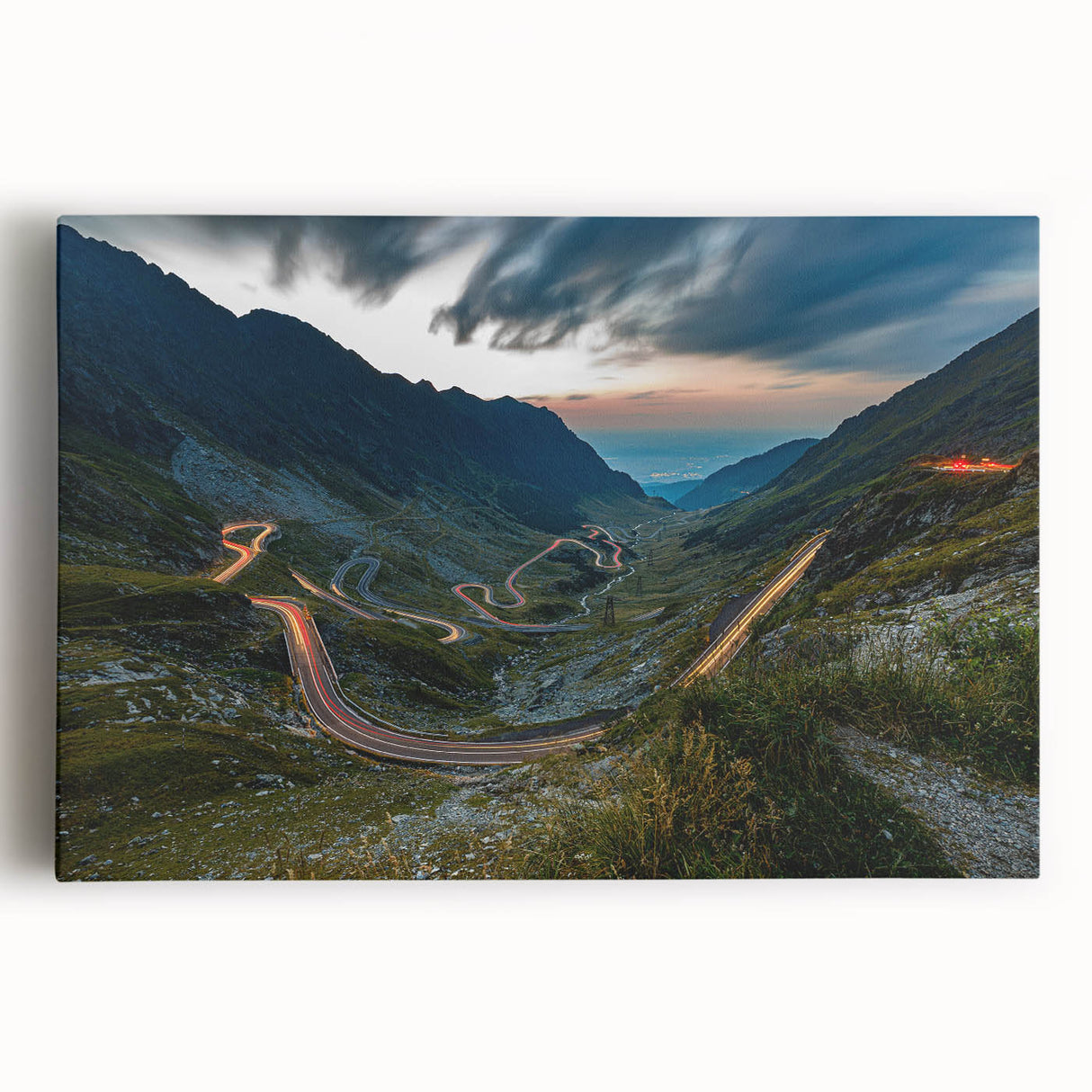Black and white photograph of a European street scene on stretched canvas, ideal for kitchen wall art.