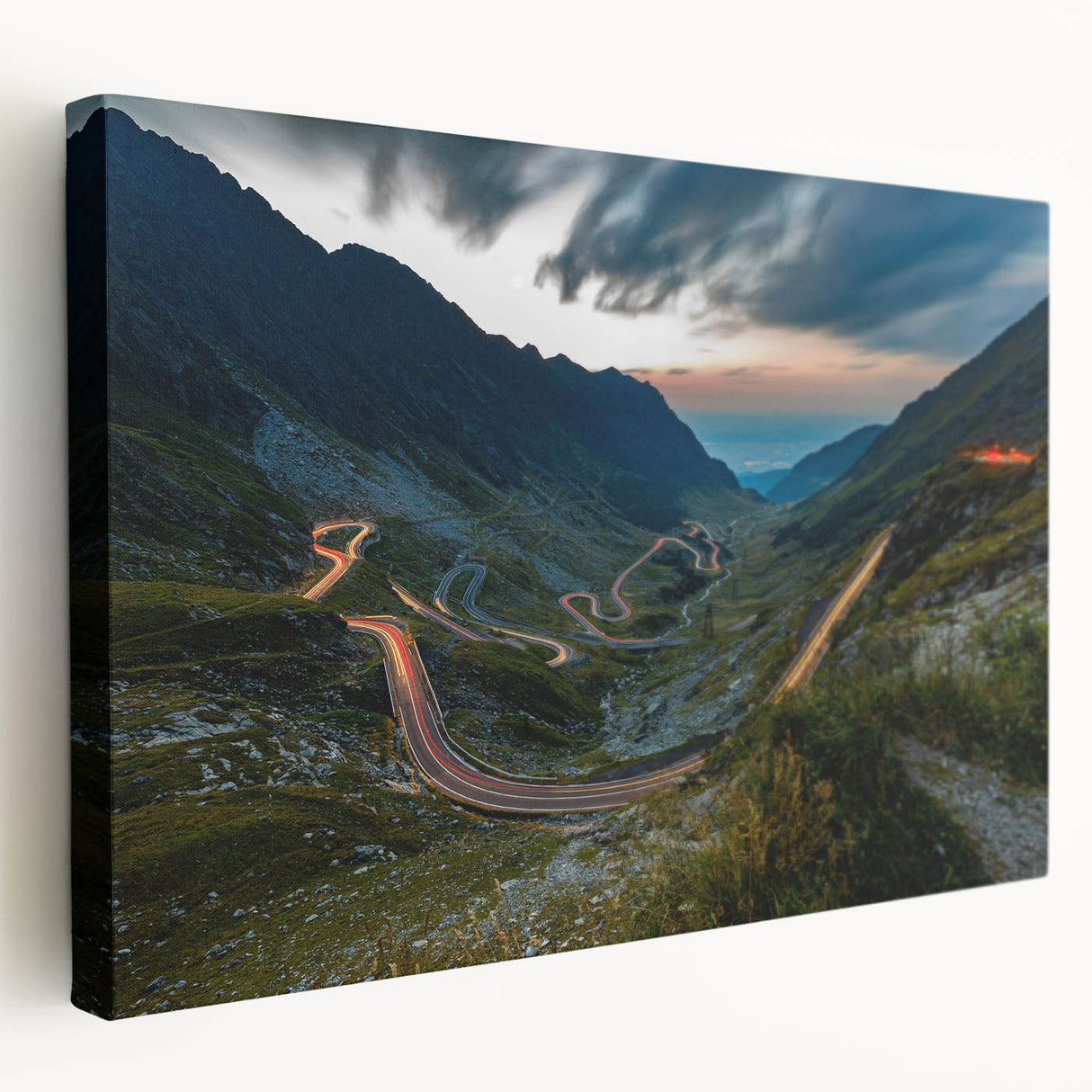 Large stretched canvas depicting a Romanian landscape in vibrant greens and blues, suitable for kitchen wall art.