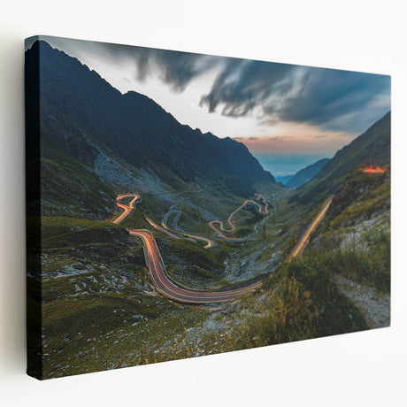 Large stretched canvas depicting a Romanian landscape in vibrant greens and blues, suitable for kitchen wall art.
