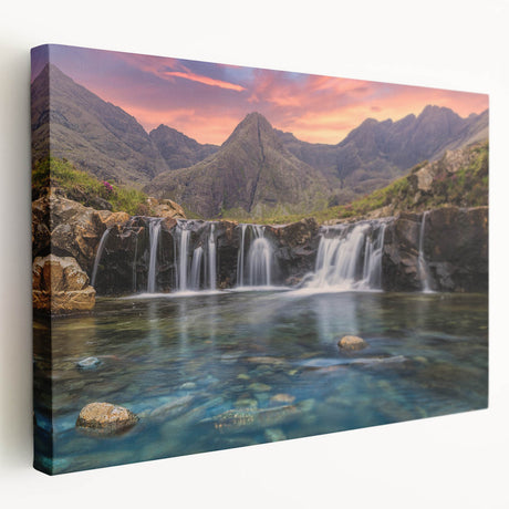 Scottish landscape on stretched canvas featuring muted green and brown tones, ideal for kitchen wall art.