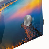 Large abstract depiction of Barcelona in muted earth tones on acrylic glass, suitable for dining room art.