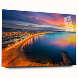 Large abstract depiction of Barcelona skyline in muted gray and blue tones on acrylic glass.