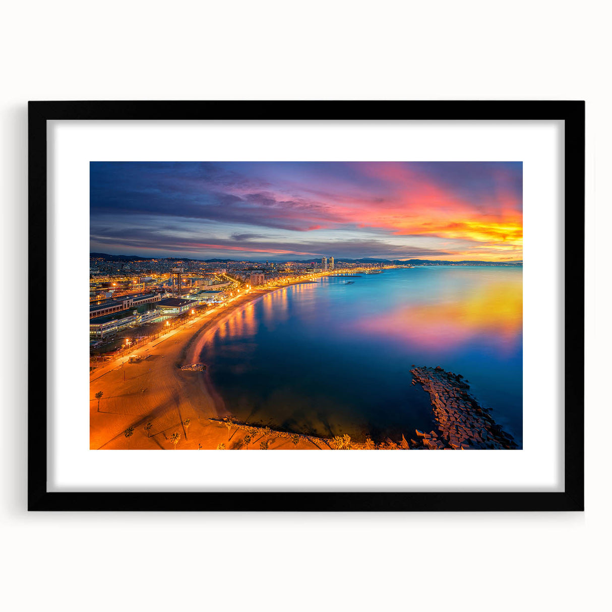 Extra large abstract art print of colorful, textured Barcelona scenery on a black framed canvas, ideal for living room decor.