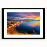 Extra large abstract art print of colorful, textured Barcelona scenery on a black framed canvas, ideal for living room decor.