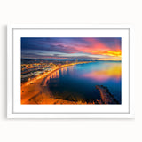 Textured art print of an abstract Barcelona cityscape in muted earth tones, framed in white, ideal for bedroom decor.