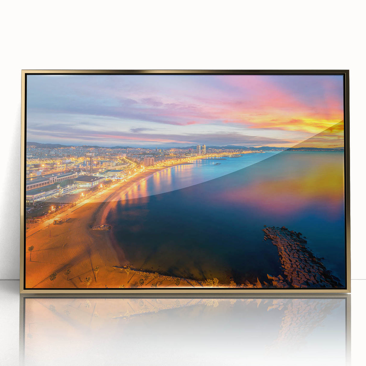 Art Deco-style poster of Barcelona skyline in gold and black hues on framed acrylic, suitable for modern art wall decor.