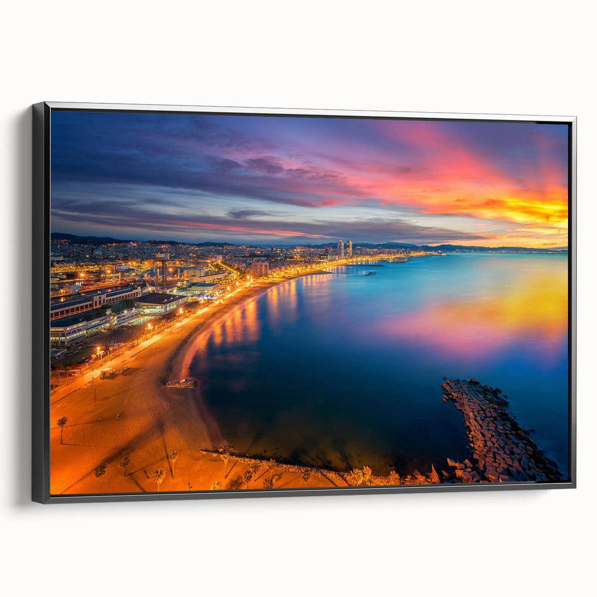 Black and white framed canvas of a vintage Barcelona landscape, ideal for bedroom wall decor.