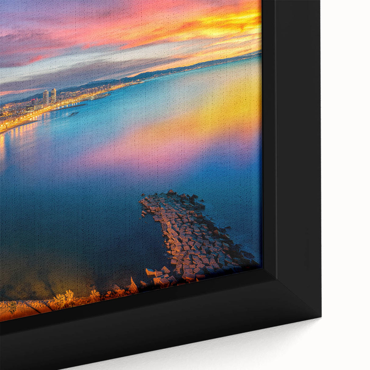 Extra large framed canvas featuring a textured depiction of Barcelona with a black and colorful art style.
