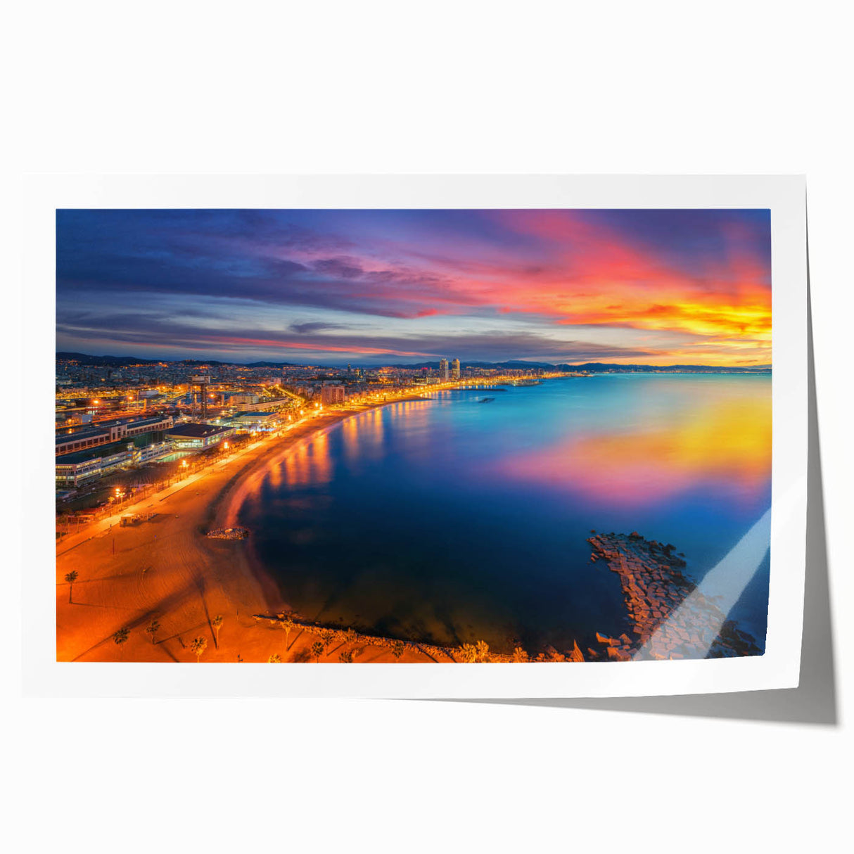 Scenic Barcelona landscape on rolled canvas with soft pastel hues, ideal for art wall dining room.