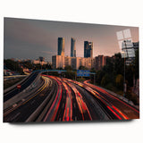 Large abstract wall art of Madrid cityscape in muted earth tones on acrylic glass, ideal for bedroom or dining room decor.