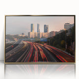 Large art print of Madrid scenery in mid-century modernist style, framed in gold acrylic, suitable for modern wall decor.