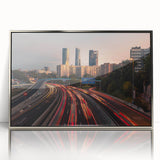 Mid-century modernist art of Madrid skyline in silver frame, acrylic print, suitable for nursery wall art.