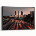 Extra large black framed canvas depicting a textured, colorful Madrid cityscape, perfect for living room decor.