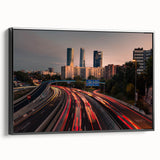 Extra large black framed canvas depicting a textured, colorful Madrid cityscape, perfect for living room decor.