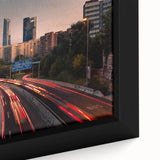 Black and white framed canvas of a Madrid landscape in vintage poster style, ideal for bedroom decor.