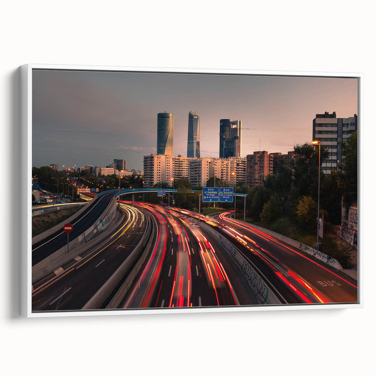 Vintage poster art of Madrid with vibrant colors on extra large framed canvas, ideal for living room decor.